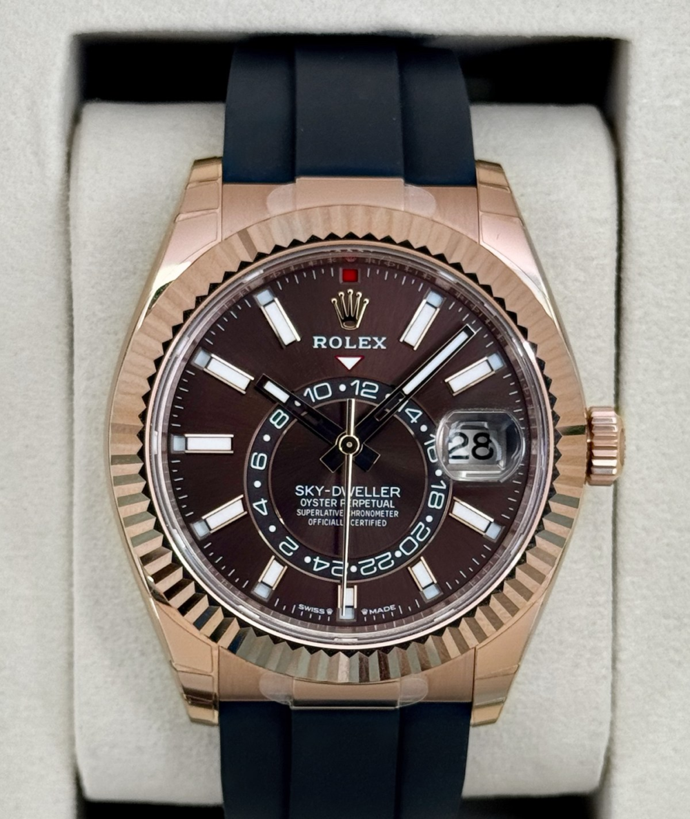 NEW 2026 Rolex Sky-Dweller 42mm 336235 Rose Gold Oysterflex Chocolate Dial (STICKERED)
