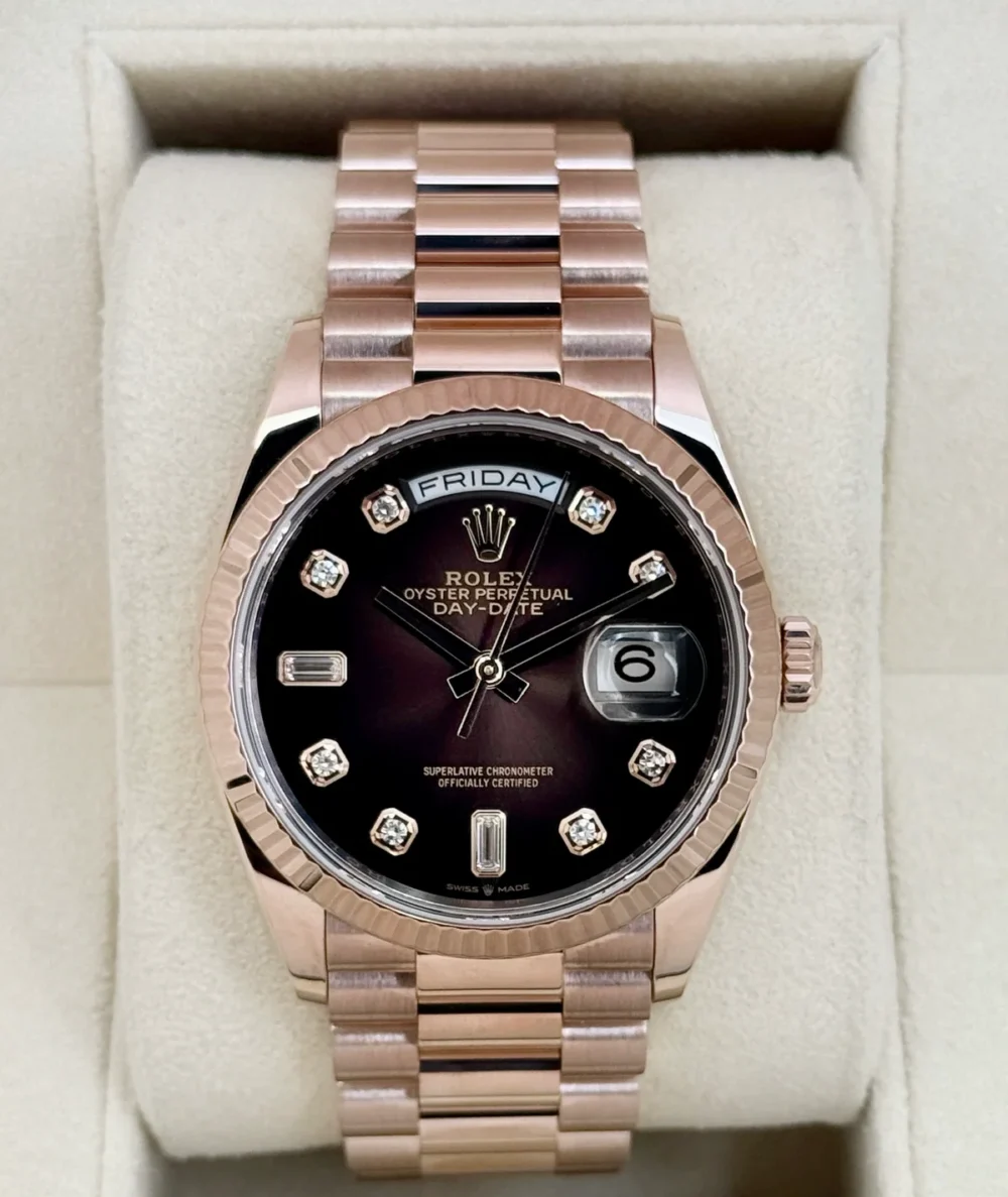 2022 Rolex Day-Date 36mm 128235 Rose Gold Chocolate Diamond Dial