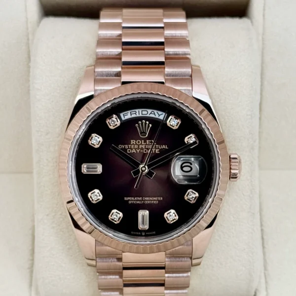2022 Rolex Day-Date 36mm 128235 Rose Gold Chocolate Diamond Dial