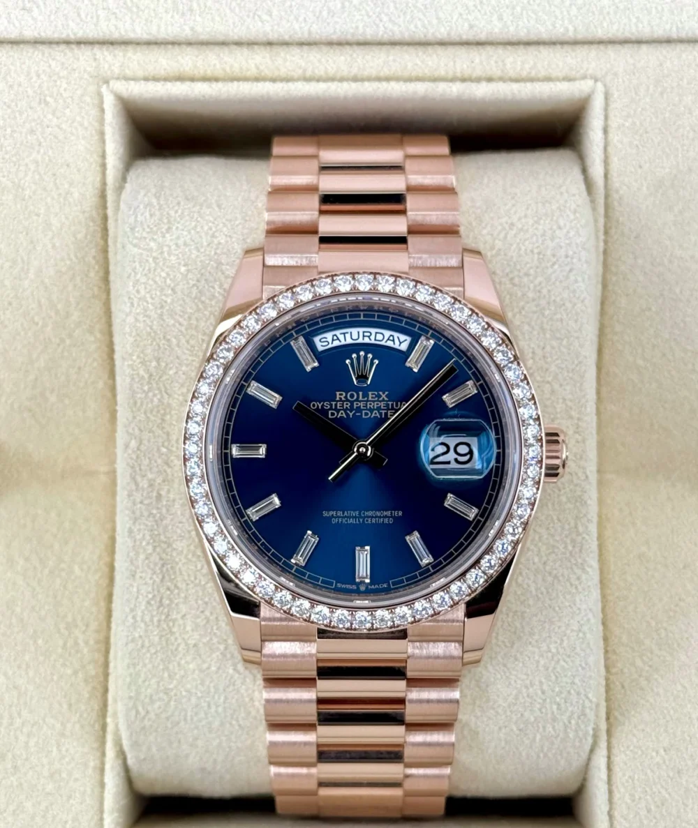 NEW 2025 Rolex Day-Date 36mm 128345RBR Rose Gold Blue Baguette Dial