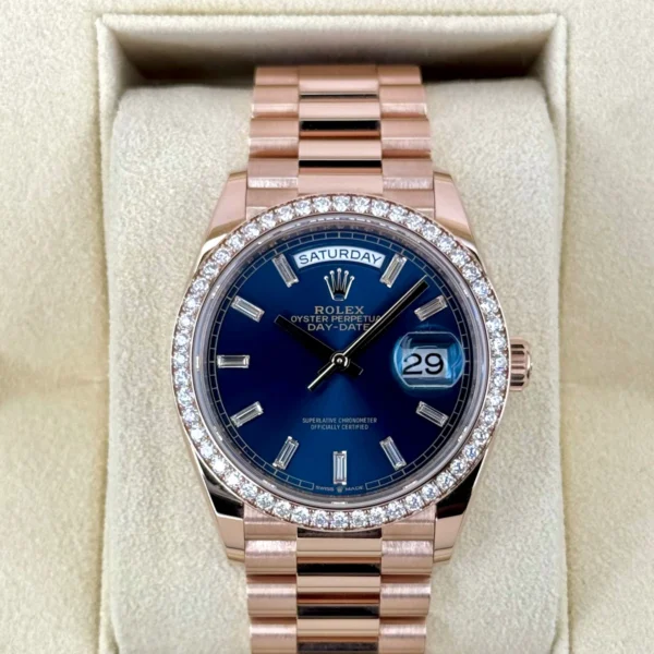 NEW 2025 Rolex Day-Date 36mm 128345RBR Rose Gold Blue Baguette Dial