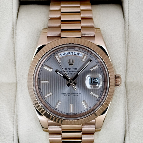 2018 Rolex Day-Date 40mm 228235 Presidential Rose Gold Sundust Stripe Motif Dial