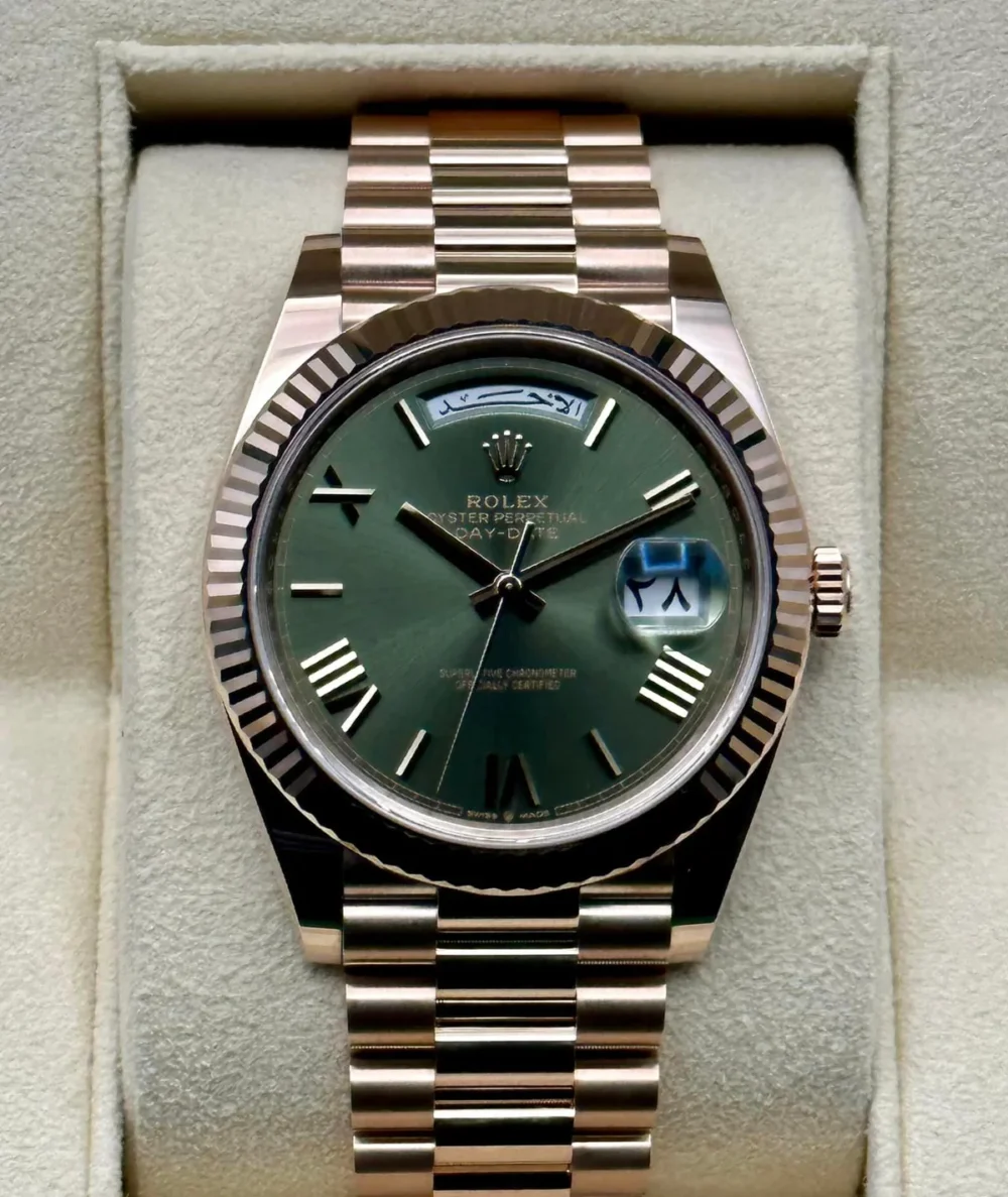 NEW 2022 Rolex Day-Date 40 228235 Rose Gold Olive Dial Arabic Calendar