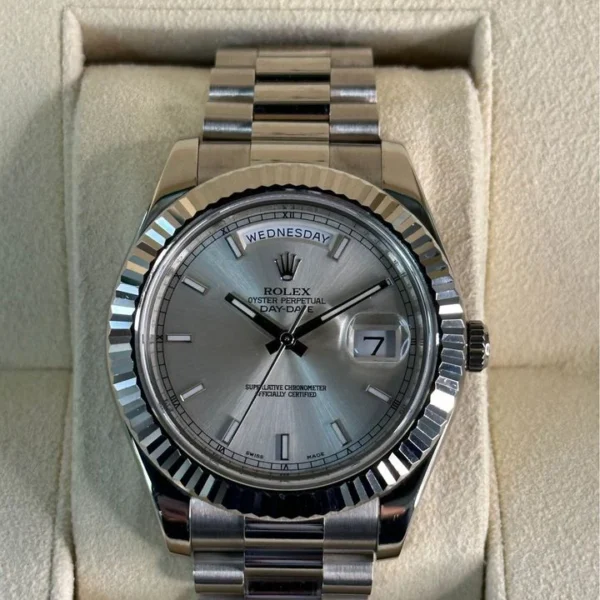 2013 Rolex Day-Date 41mm 218239 White Gold Jubilee Silver Stick Dial