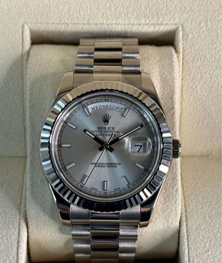 2013 Rolex Day-Date 41mm 218239 White Gold Jubilee Silver Stick Dial