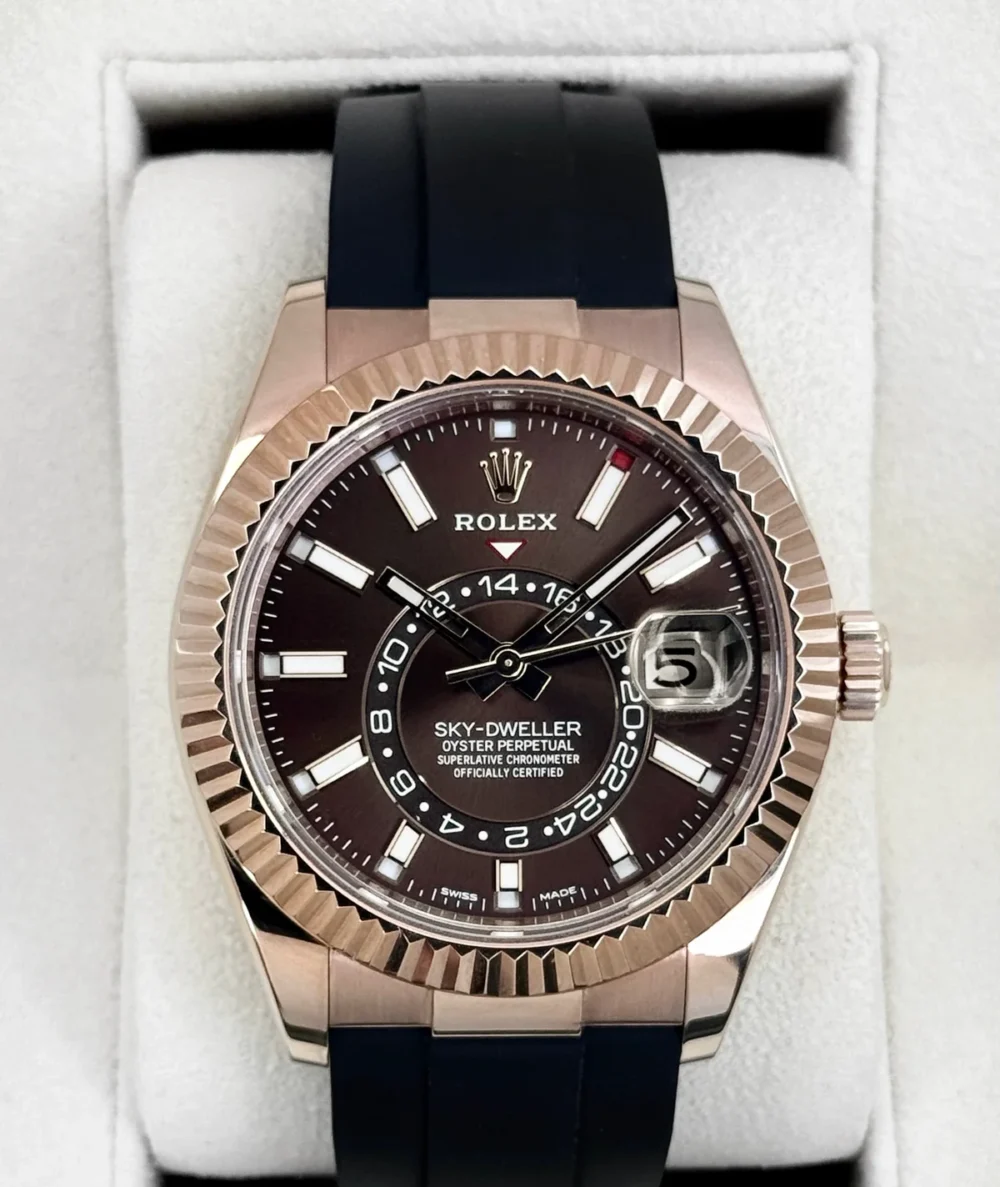2025 CPO Rolex Sky-Dweller 42mm 326235 Rose Gold Oysterflex Chocolate Dial (CPO)