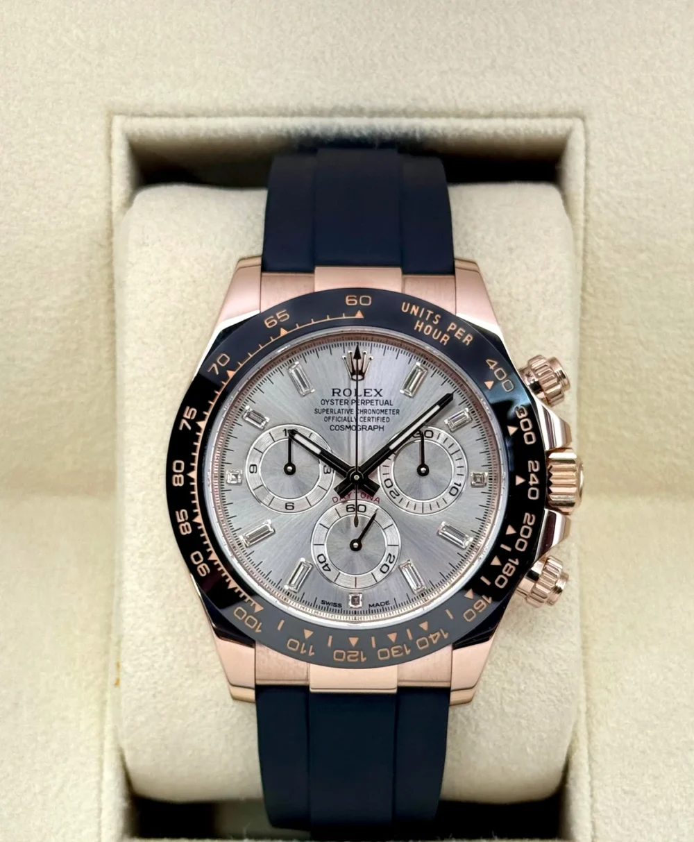 2022 Rolex Daytona 40mm 116515LN Rose Gold Oysterflex Sundust Baguette Dial