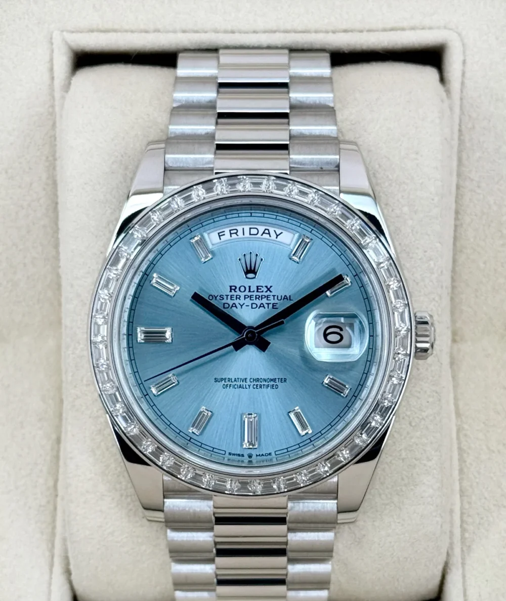 2022 Rolex Day-Date 40mm 228396TBR Ice Blue Diamond Baguette Dial