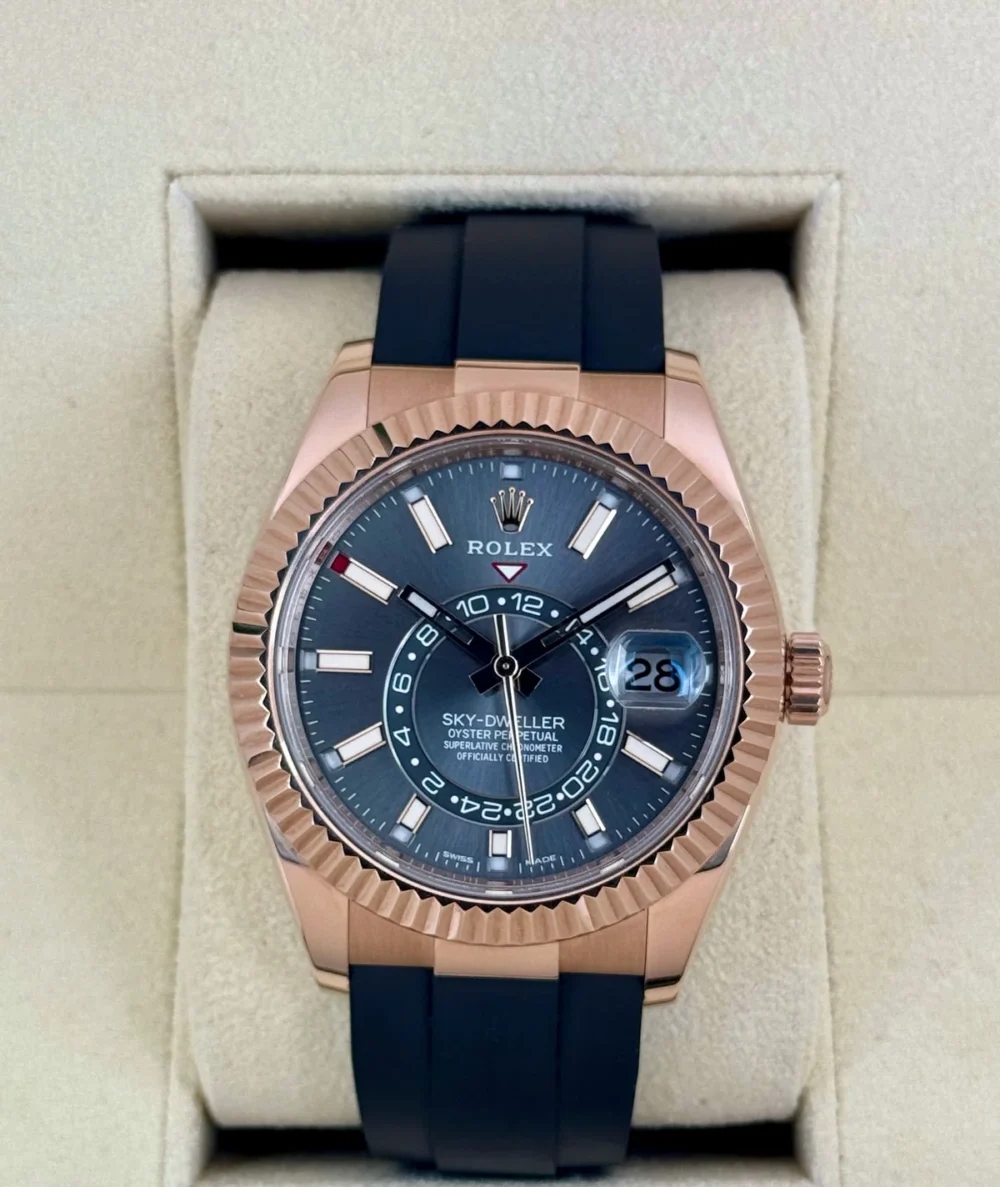 2021 Rolex Sky-Dweller 42mm 326235 Rose Gold Oysterflex Rhodium Dial