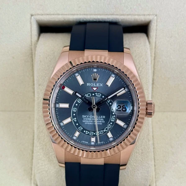 2021 Rolex Sky-Dweller 42mm 326235 Rose Gold Oysterflex Rhodium Dial