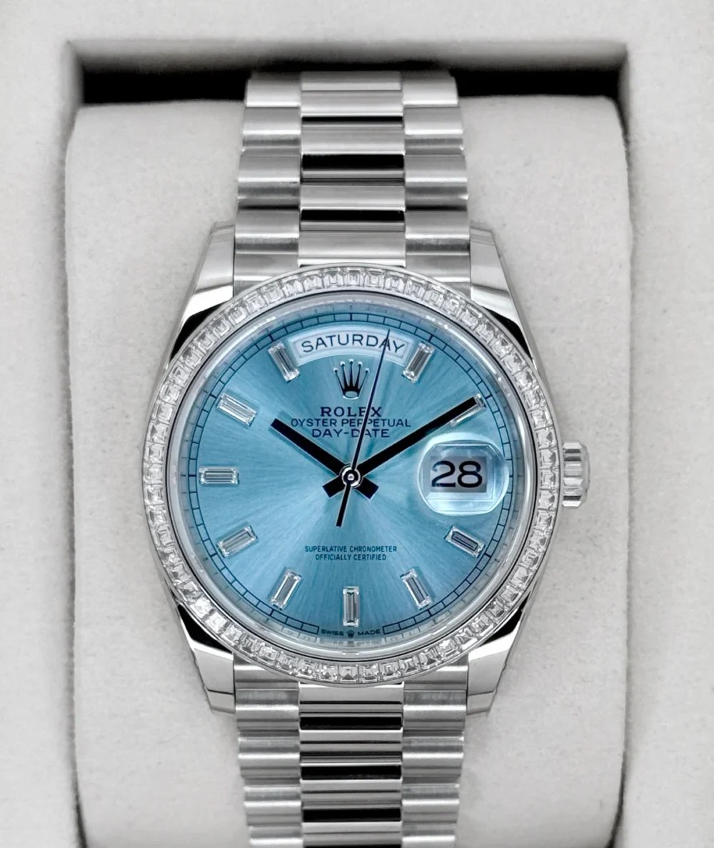 NEW 2025 Rolex Day-Date 36mm 128396TBR Ice Blue Diamond Baguette Dial