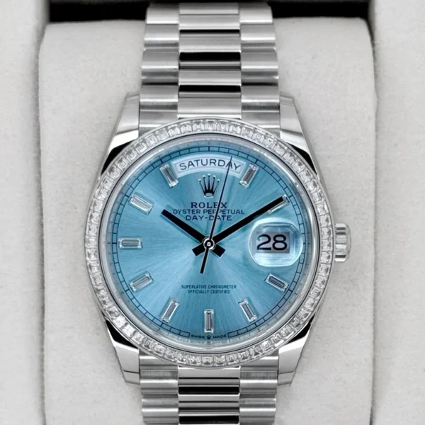 NEW 2025 Rolex Day-Date 36mm 128396TBR Ice Blue Diamond Baguette Dial