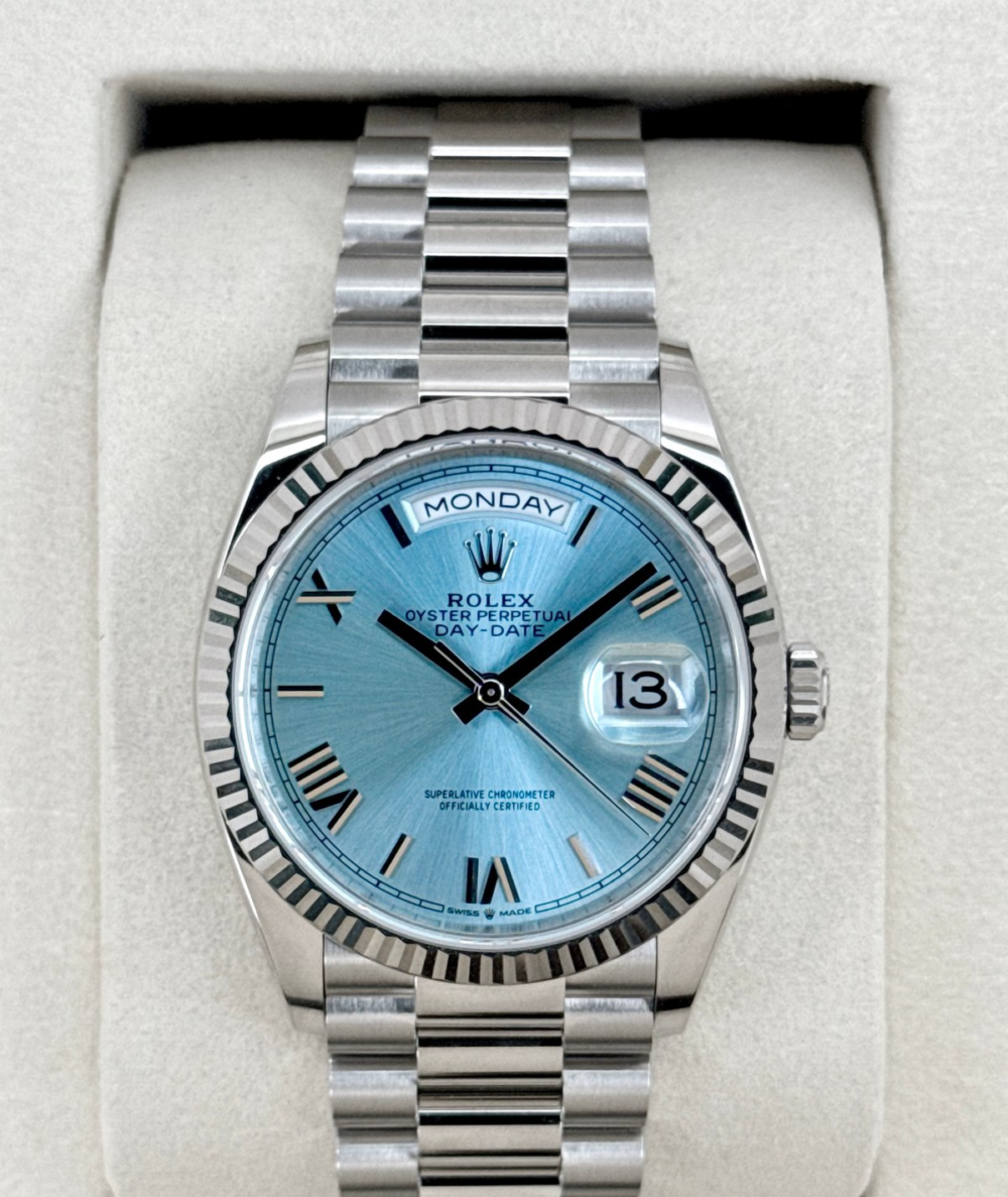 NEW 2026 Rolex Day-Date Platinum 36mm 128236 Ice Blue Roman Dial