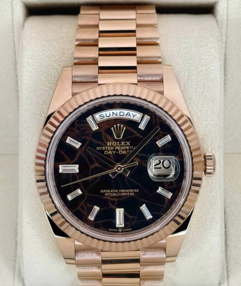 2023 Rolex Day-Date 40mm 228235 Rose Gold Eisenkiesal Baguette Dial