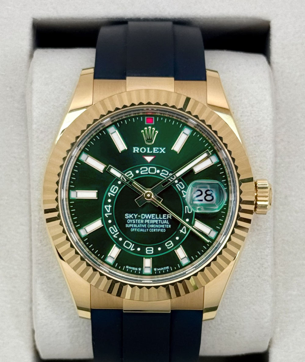 2025 Rolex Sky-Dweller 42mm 336238 Yellow Gold Oysterflex Green Dial