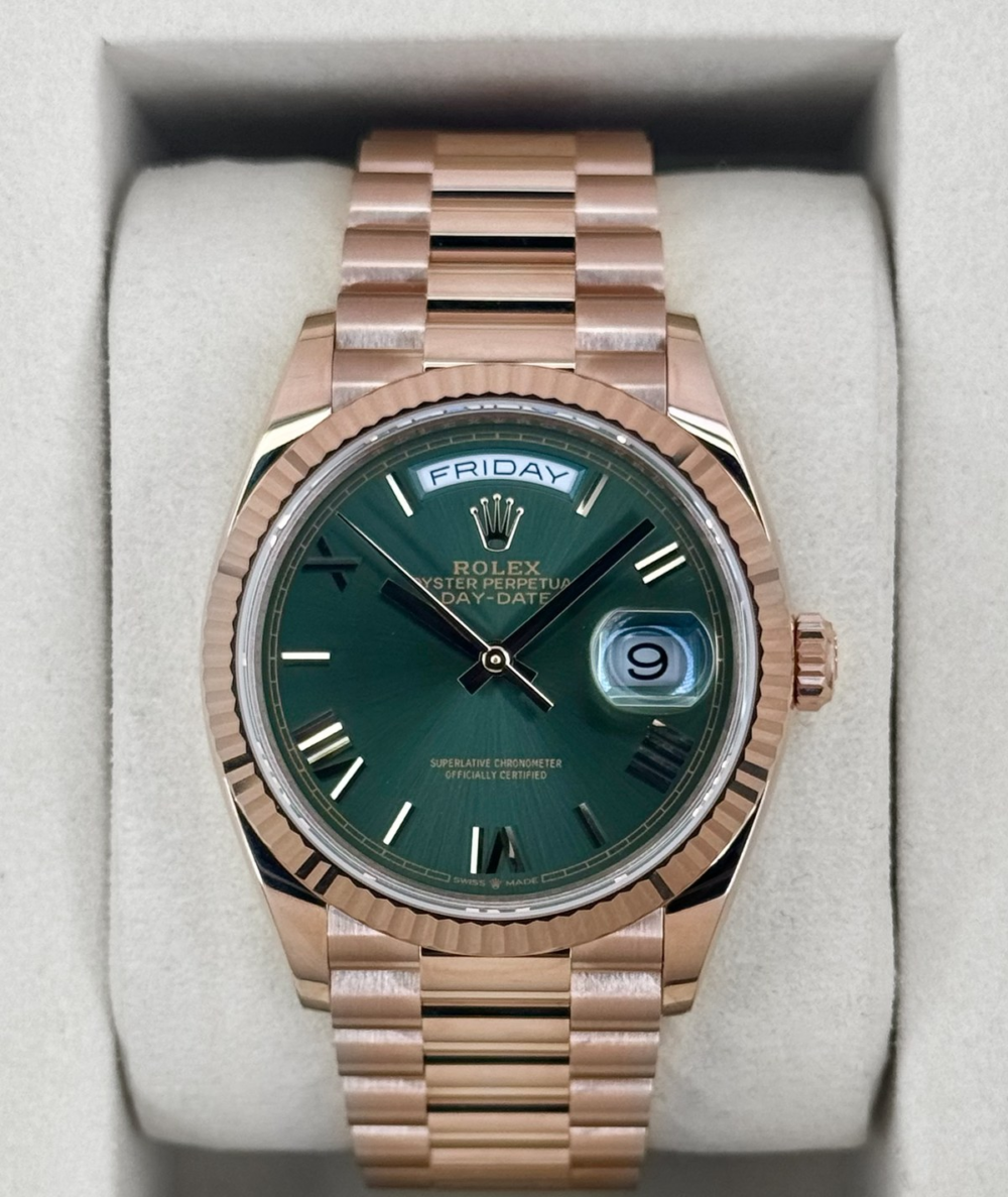 NEW 2026 Rolex Day-Date 36mm 128235 Presidential Rose Gold Olive Green Dial