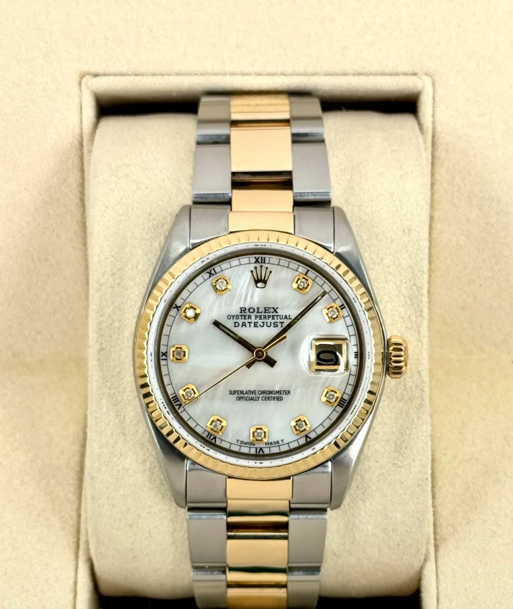 1972 Rolex Datejust 36mm 1601 Two-Tone Oyster Mother of Pearl Diamond Dial