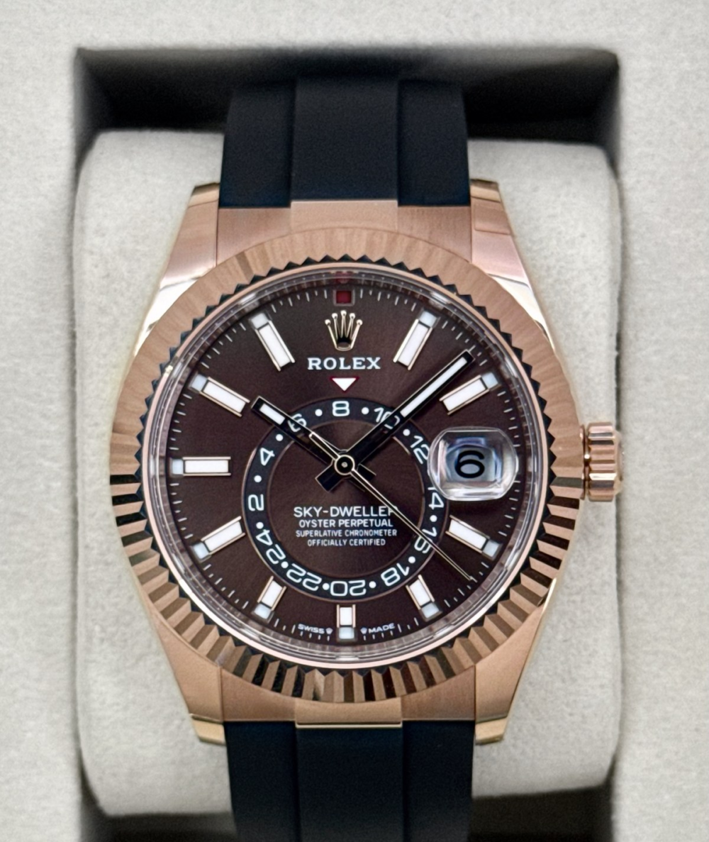 2025 Rolex Sky-Dweller 42mm 336235 Rose Gold Oysterflex Chocolate Dial