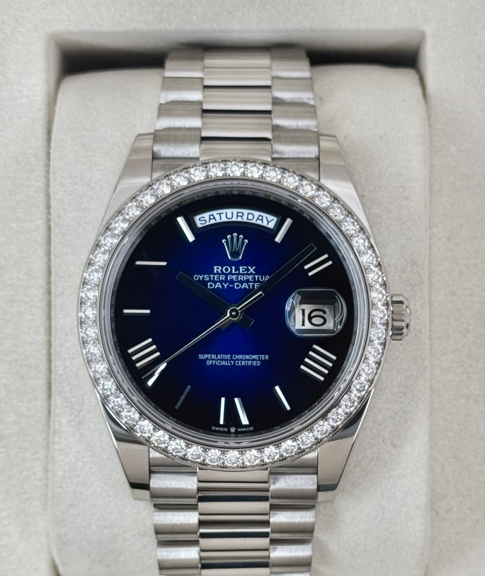 2025 Rolex Day-Date 40mm 228349RBR Presidential White Gold Blue Ombre Dial