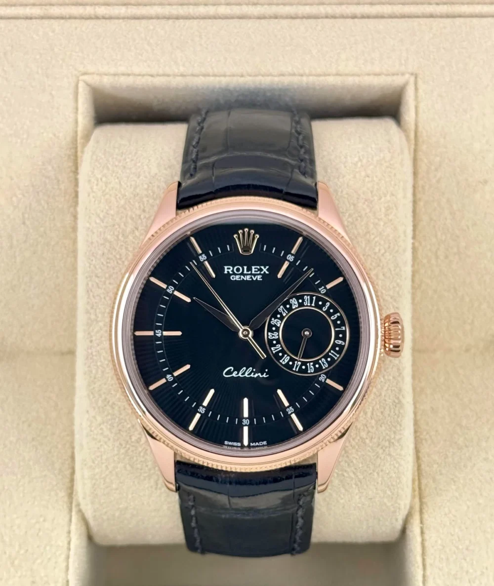 2014 Rolex Cellini Date 39mm 50515 Rose Gold Black Guilloche Dial