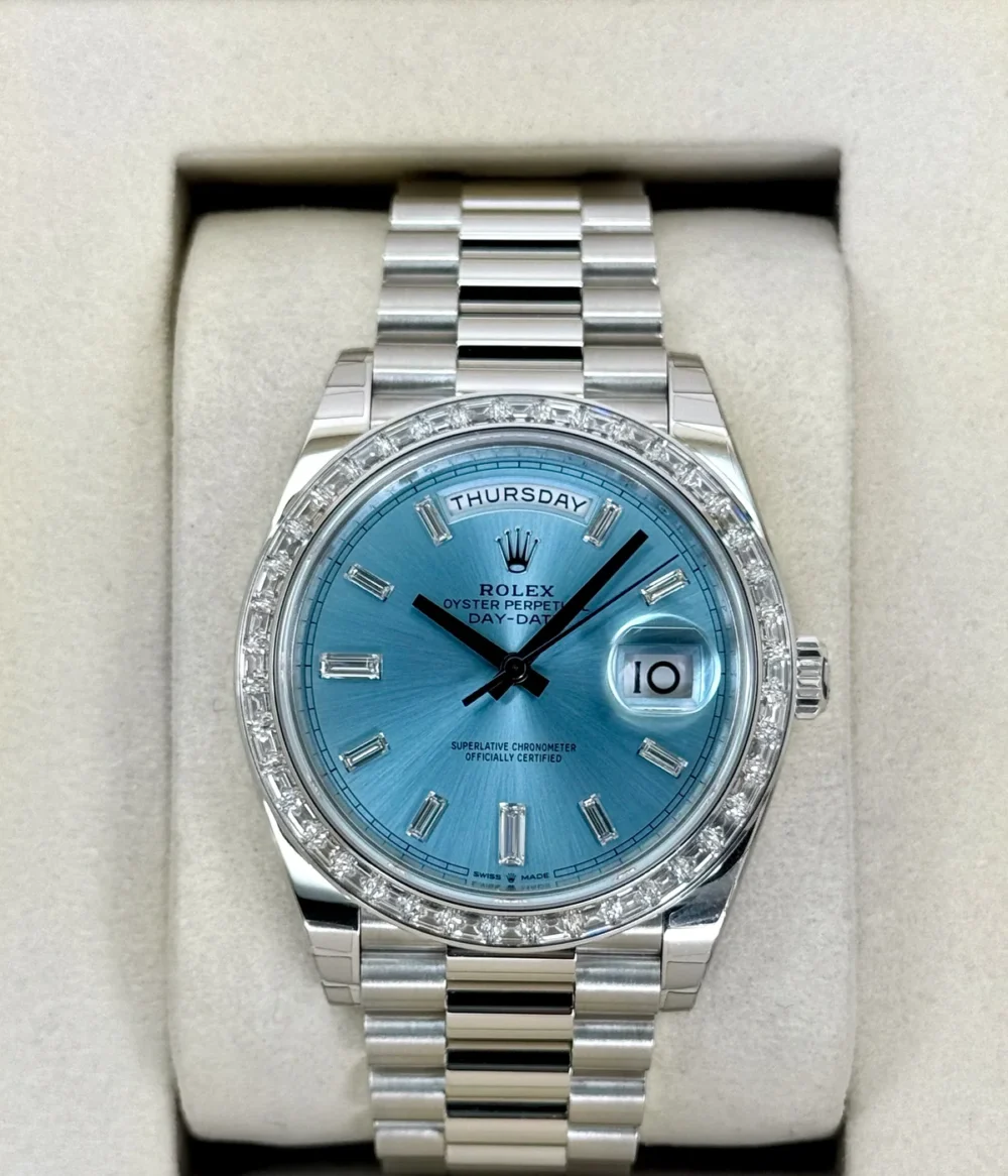 NEW 2025 Rolex Day-Date 40mm 228396TBR Ice Blue Diamond Baguette Dial