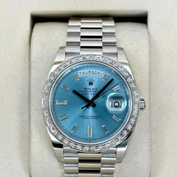 NEW 2025 Rolex Day-Date 40mm 228396TBR Ice Blue Diamond Baguette Dial