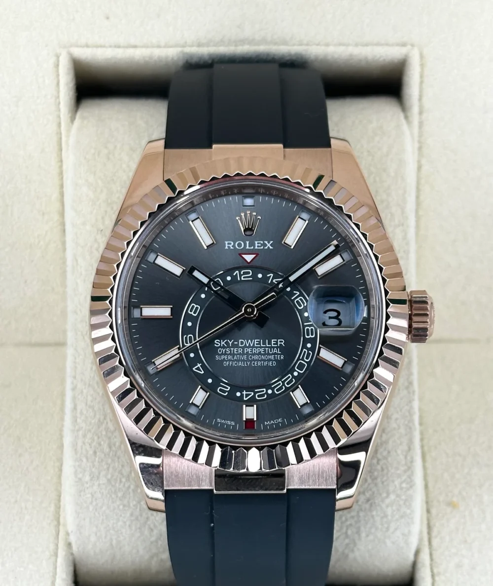 2022 Rolex Sky-Dweller 42mm 326235 Rose Gold Oysterflex Rhodium Dial
