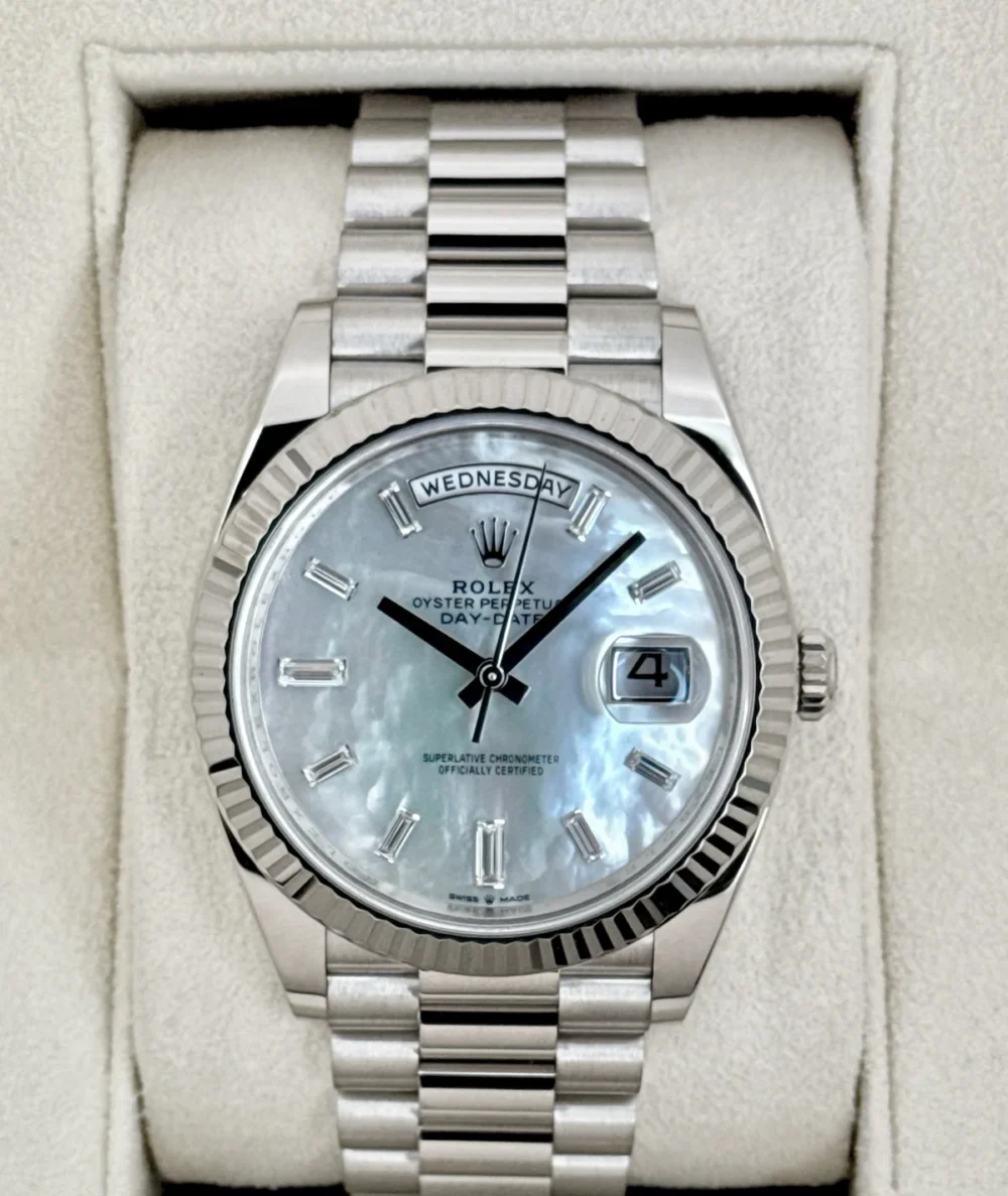 2024 Rolex Day-Date 40mm 228239 White Gold Mother of Pearl Diamond Dial