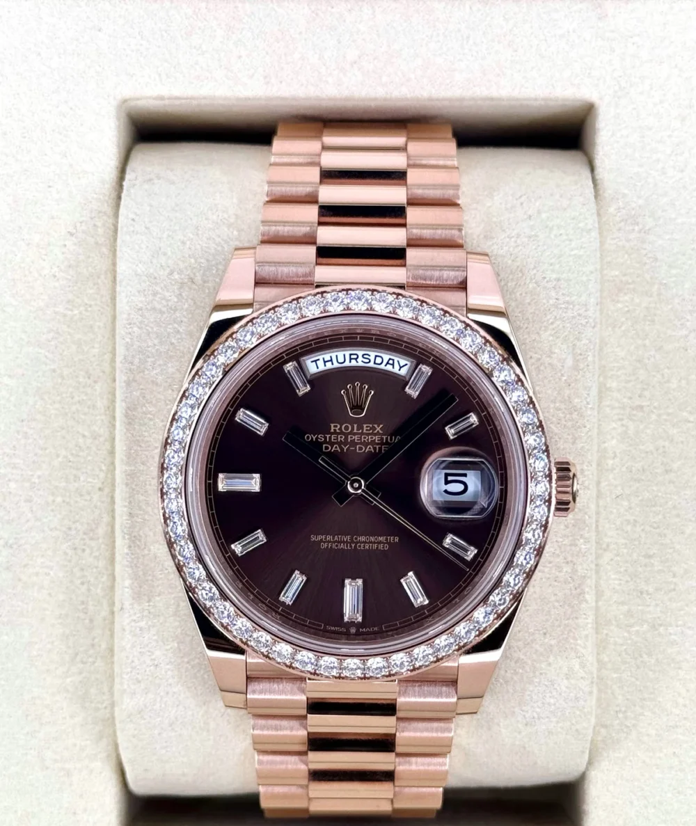 2025 Rolex Day-Date 40mm 228345RBR Rose Gold Chocolate Diamond Dial