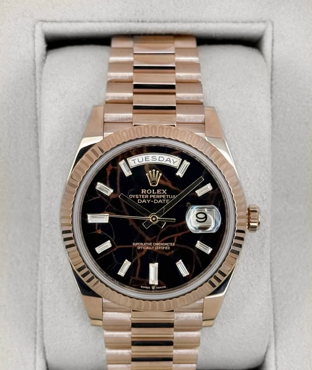 2022 Rolex Day-Date 40mm 228235 Rose Gold Eisenkiesal Baguette Dial