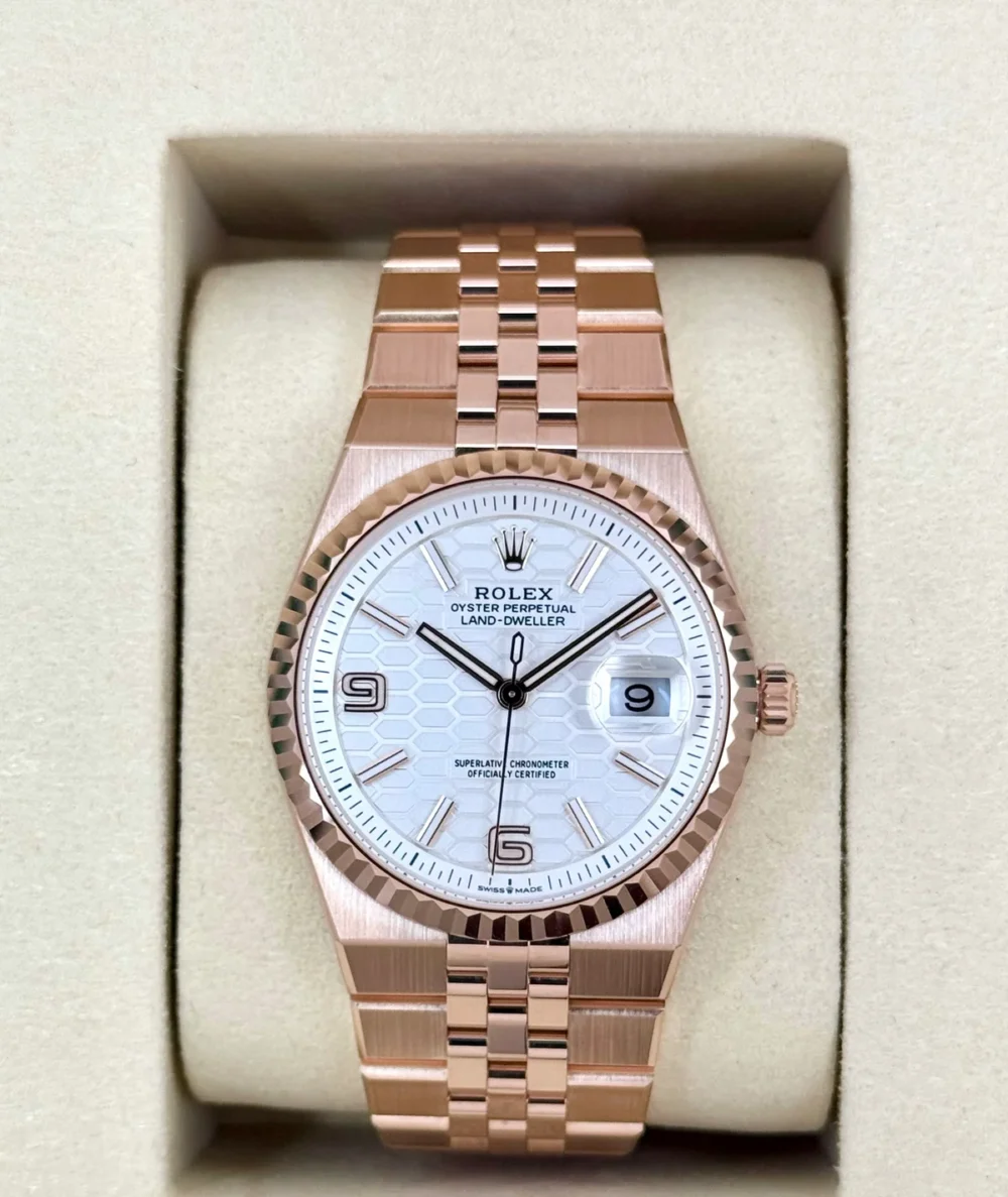 2025 Rolex Land-Dweller 36mm 127235 Rose Gold Flat Jubilee White Dial