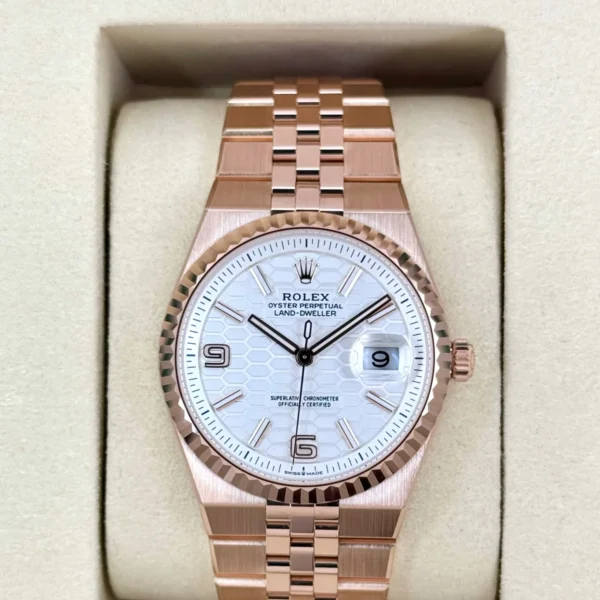 2025 Rolex Land-Dweller 36mm 127235 Rose Gold Flat Jubilee White Dial