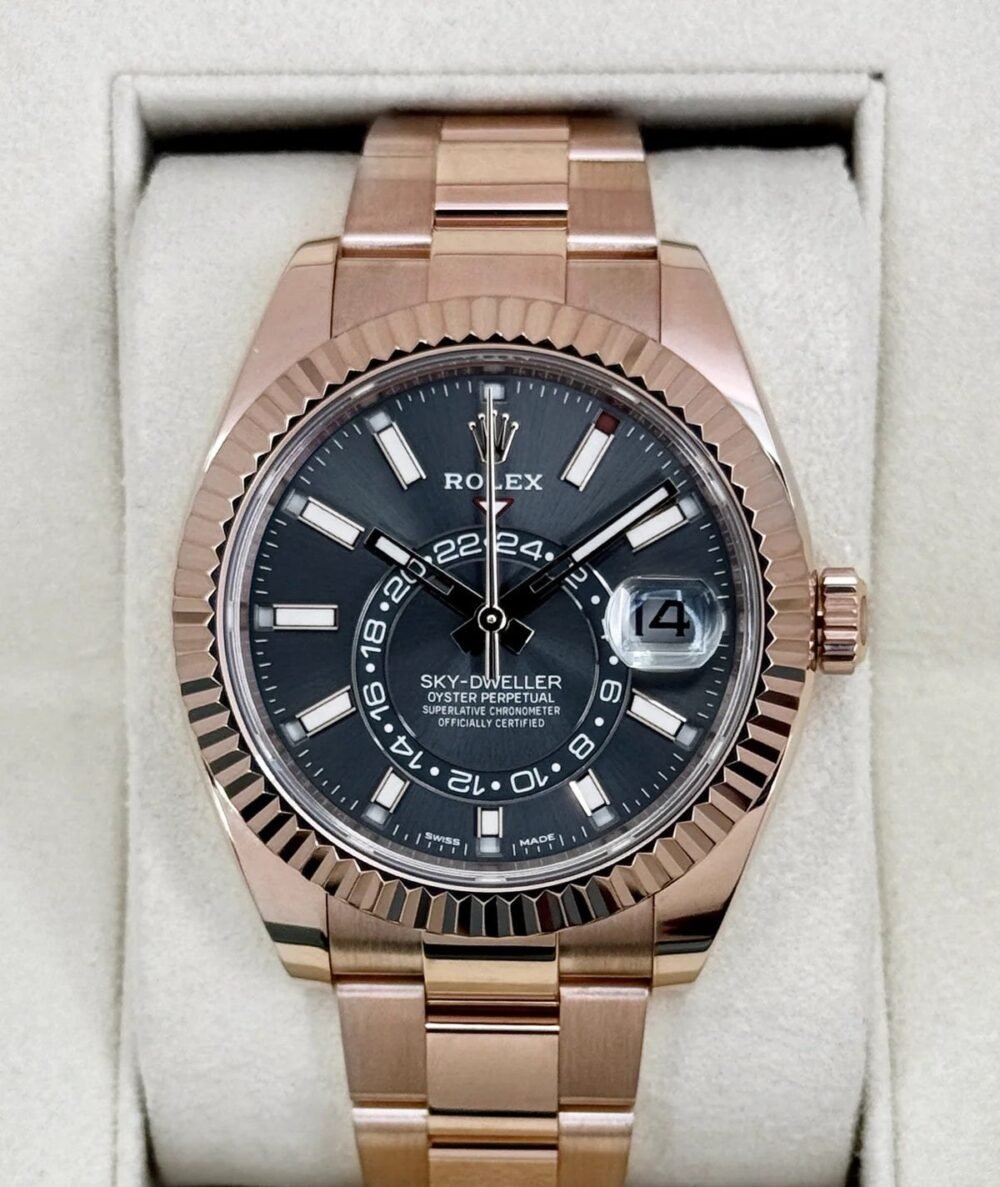 2019 Rolex Sky-Dweller 42mm 326935 Rose Gold Oyster Rhodium Dial