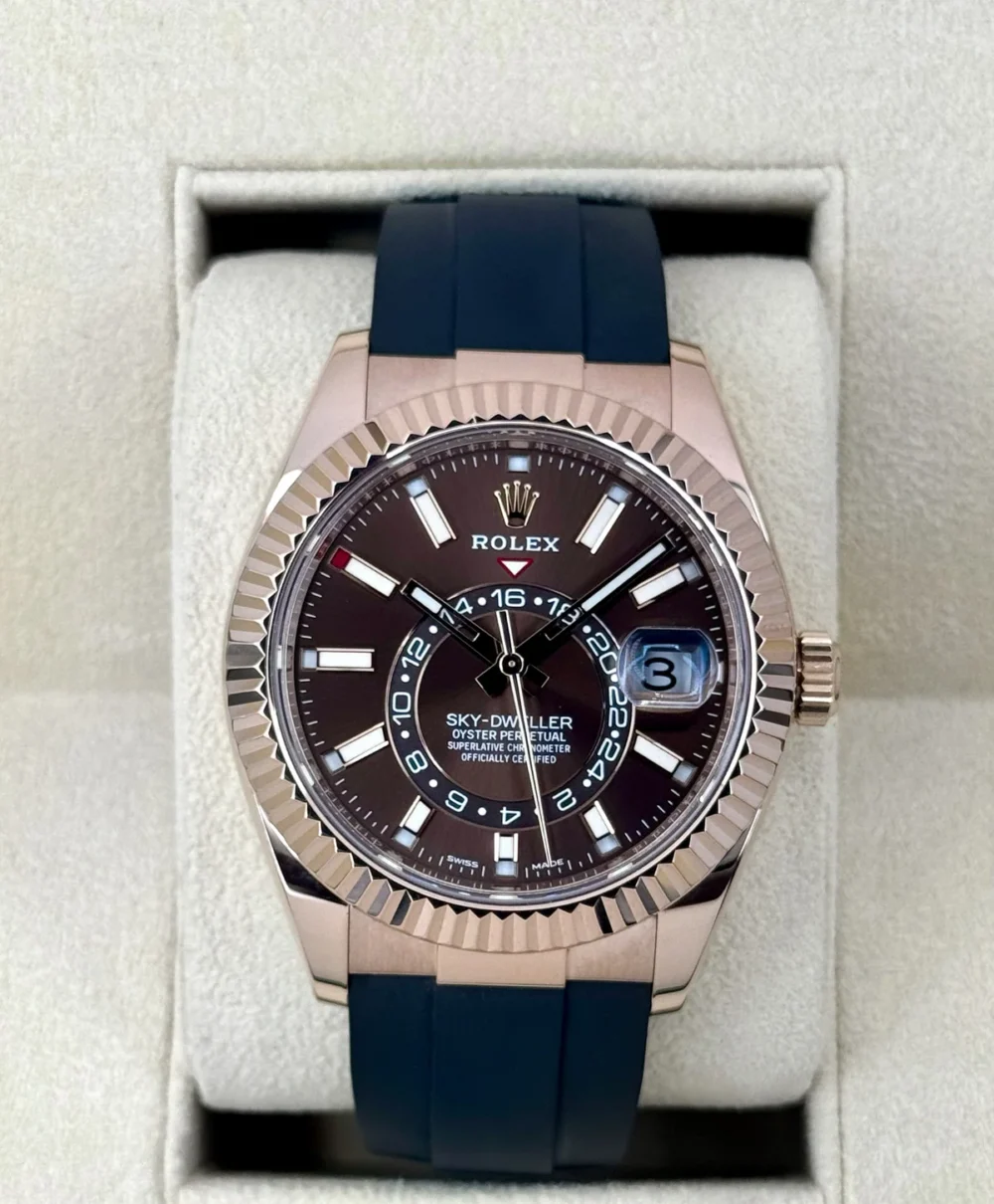2022 Rolex Sky-Dweller 42mm 326235 Rose Gold Oysterflex Chocolate Dial