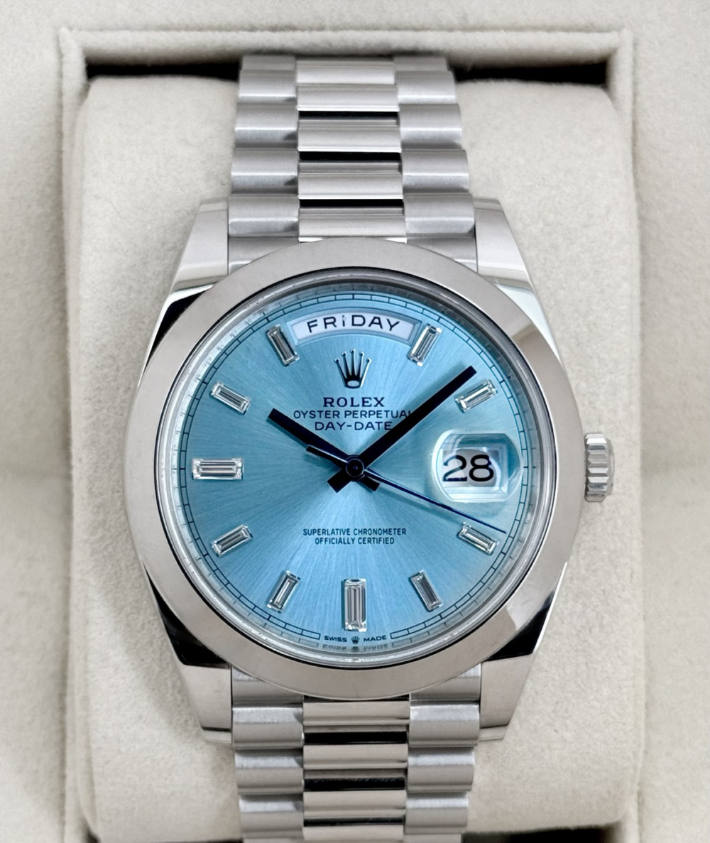 2021 Rolex Day-Date 40mm 228206 Platinum Ice Blue Diamond Dial