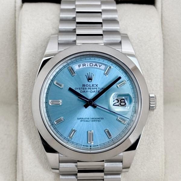 2021 Rolex Day-Date 40mm 228206 Platinum Ice Blue Diamond Dial