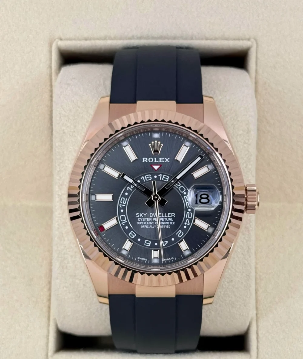 2022 Rolex Sky-Dweller 42mm 326235 Rose Gold Oysterflex Rhodium Dial