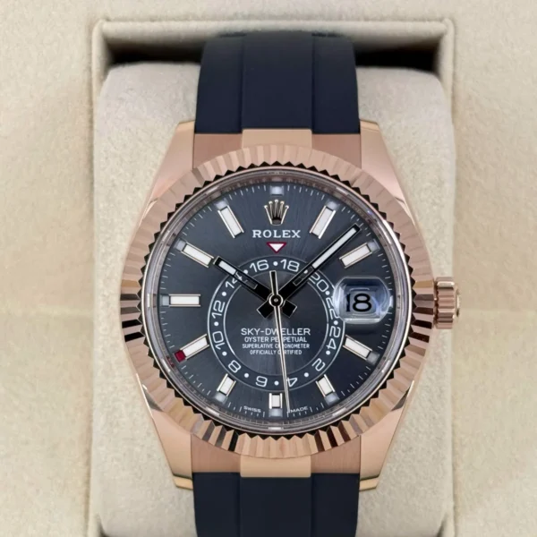 2022 Rolex Sky-Dweller 42mm 326235 Rose Gold Oysterflex Rhodium Dial