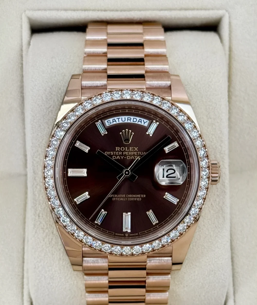 2022 Rolex Day-Date 40mm 228345RBR Rose Gold Chocolate Diamond Dial (STICKERED)