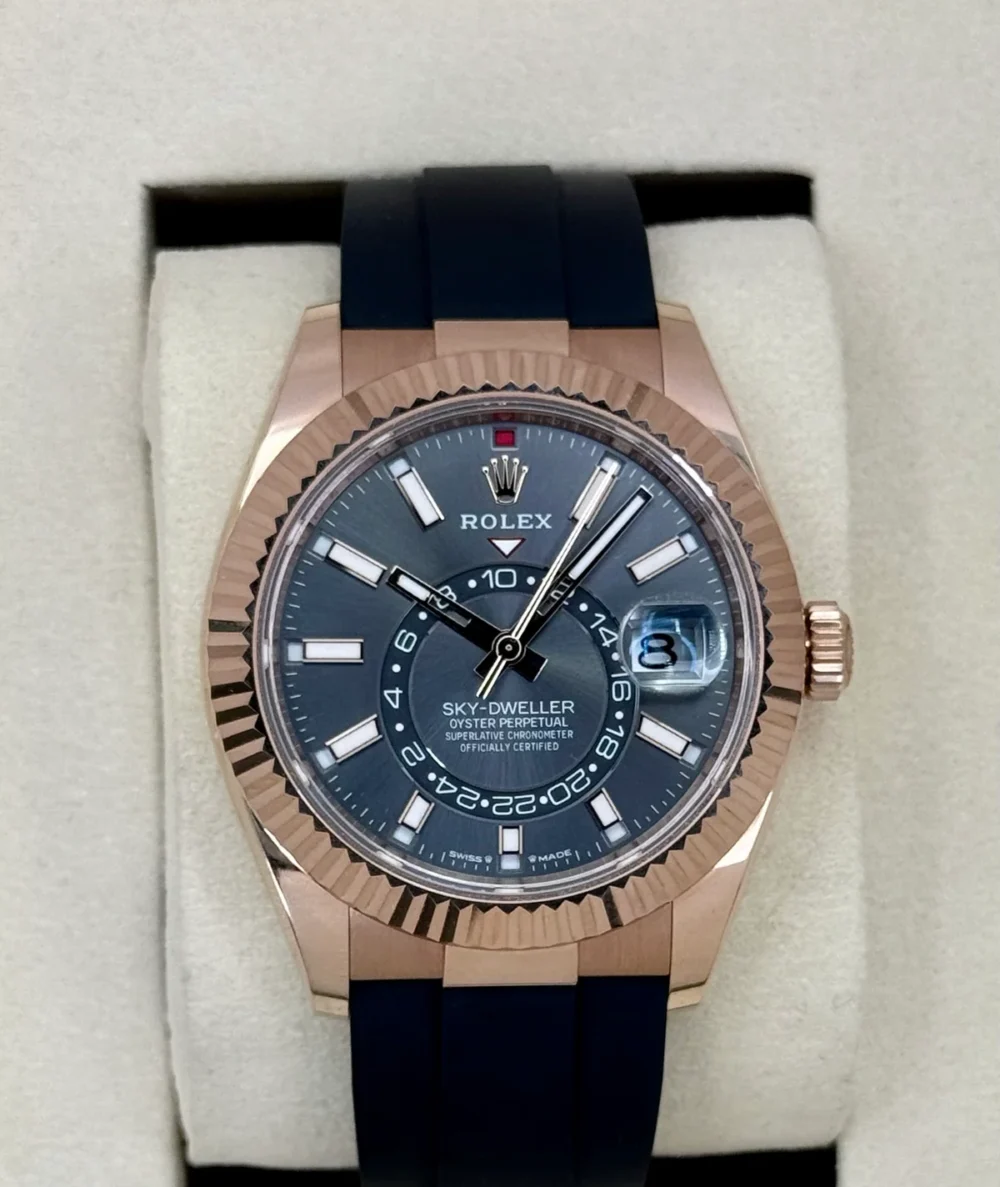 2025 Rolex Sky-Dweller 336235 Rose Gold Oysterflex Rhodium Dial