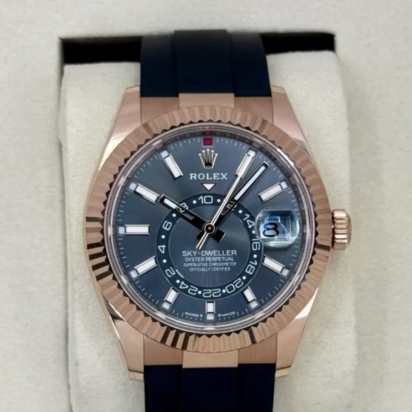 2025 Rolex Sky-Dweller 336235 Rose Gold Oysterflex Rhodium Dial
