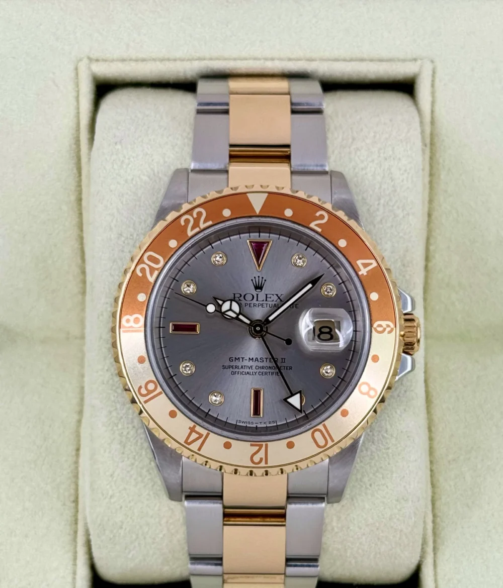 2007 Rolex GMT-Master II 40mm 16713 Slate Grey Serti Diamond Ruby Dial