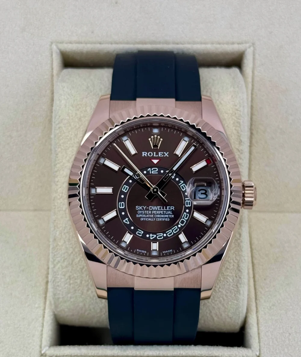2022 Rolex Sky-Dweller 42mm 326235 Rose Gold Oysterflex Chocolate Dial