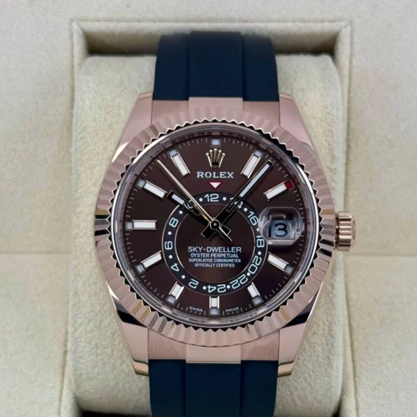 2022 Rolex Sky-Dweller 42mm 326235 Rose Gold Oysterflex Chocolate Dial