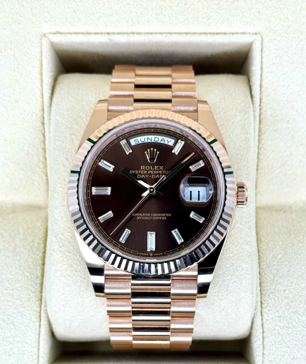 NEW 2025 Rolex Day-Date 40mm 228235 Rose Gold Chocolate Baguette Dial