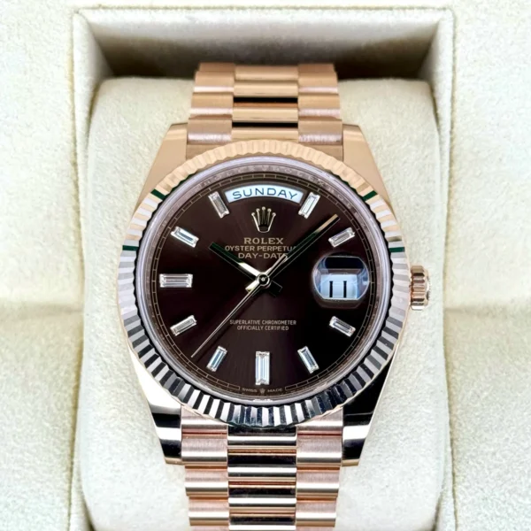 NEW 2025 Rolex Day-Date 40mm 228235 Rose Gold Chocolate Baguette Dial
