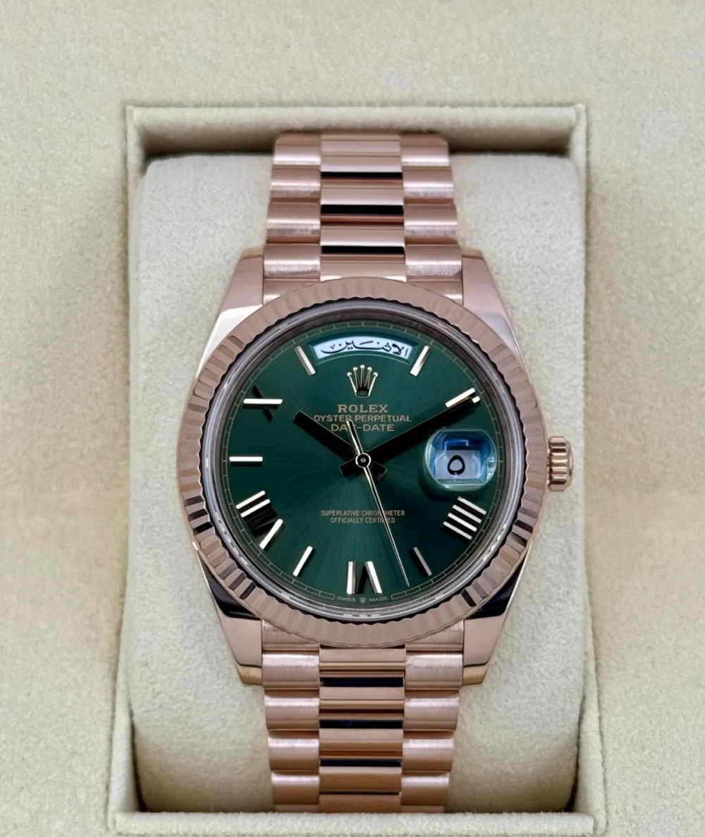 2022 Rolex Day-Date 40mm 228235 Rose Gold Olive Dial Arabic Calendar