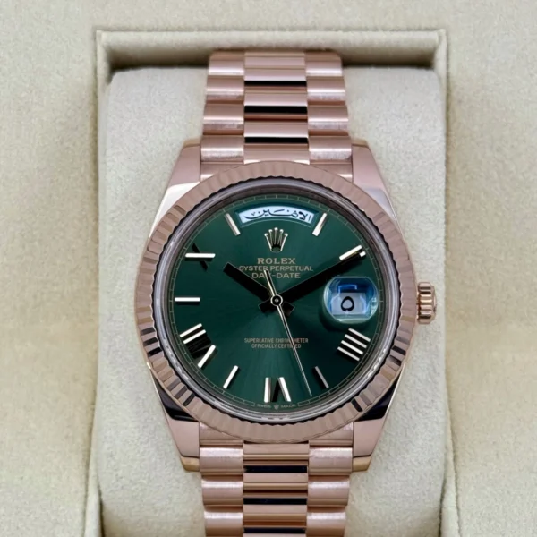 2022 Rolex Day-Date 40mm 228235 Rose Gold Olive Dial Arabic Calendar