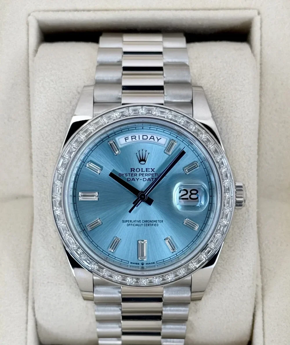 2023 Rolex Day-Date 40mm 228396TBR Ice Blue Diamond Baguette Dial