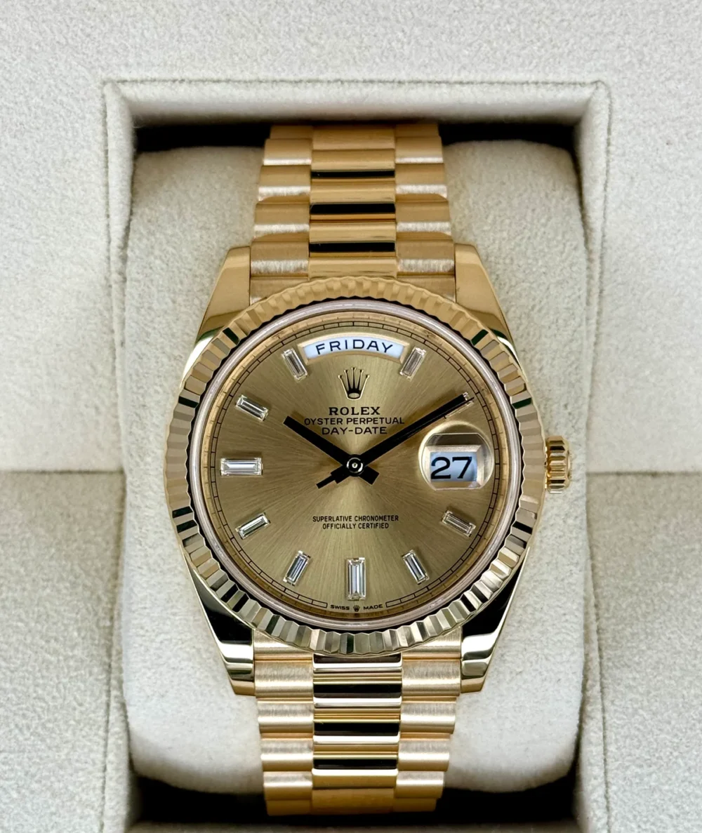 2023 Rolex Day-Date 40mm 228238 Champagne Diamond Baguette Dial